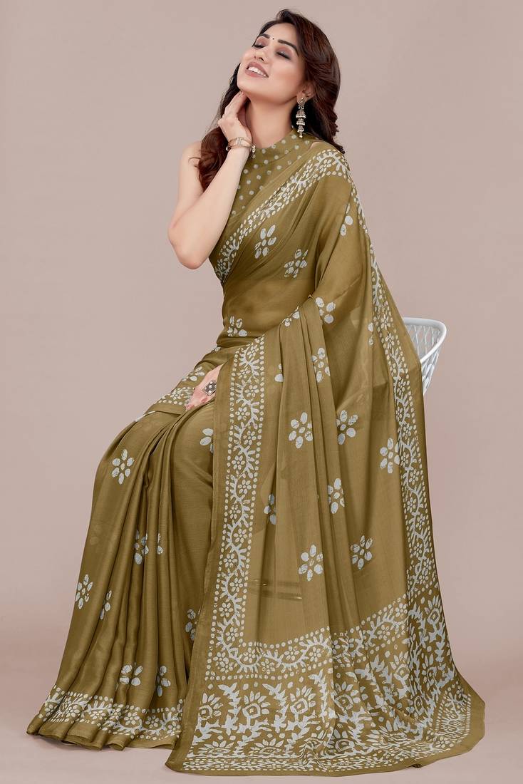 mustard batik printed chiffon saree with unstitched blouse piece