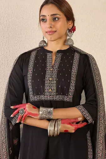 Women Ethnic Motifs Printed Mirror Work Cotton Kurta with Trousers & Dupatta