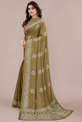 mustard batik printed chiffon saree with unstitched blouse piece 2