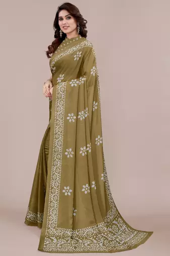 mustard batik printed chiffon saree with unstitched blouse piece