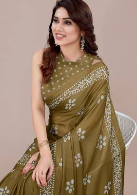 mustard batik printed chiffon saree with unstitched blouse piece 3