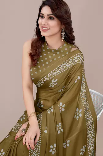mustard batik printed chiffon saree with unstitched blouse piece