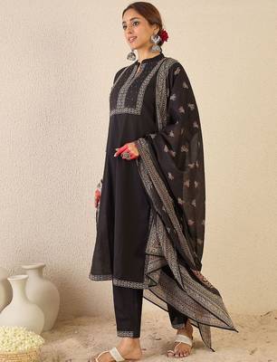 Women Ethnic Motifs Printed Mirror Work Cotton Kurta with Trousers & Dupatta 1