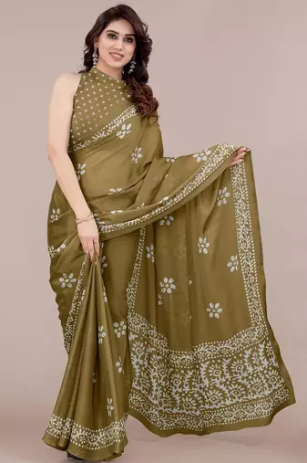 mustard batik printed chiffon saree with unstitched blouse piece