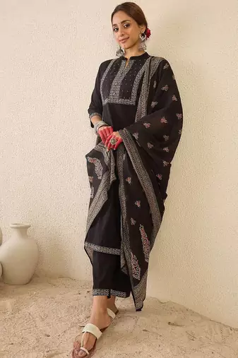 Women Ethnic Motifs Printed Mirror Work Cotton Kurta with Trousers & Dupatta