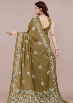 mustard batik printed chiffon saree with unstitched blouse piece 5