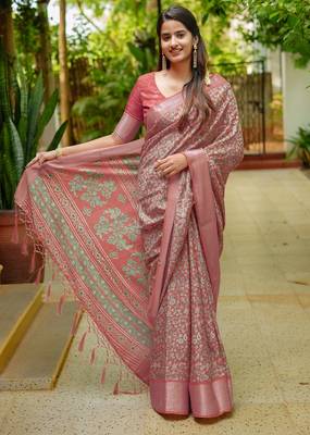 coral floral printed cotton silk saree with unstitched blouse piece 1