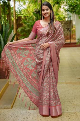 coral floral printed cotton silk saree with unstitched blouse piece