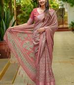 coral floral printed cotton silk saree with unstitched blouse piece