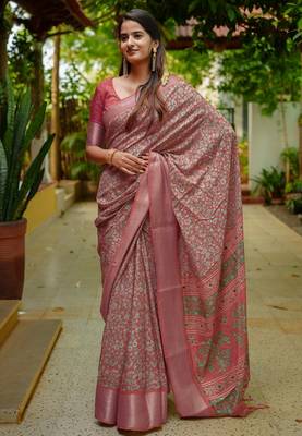 coral floral printed cotton silk saree with unstitched blouse piece 2