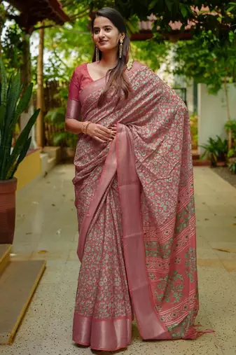 coral floral printed cotton silk saree with unstitched blouse piece
