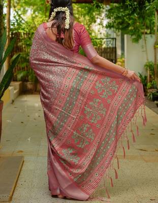coral floral printed cotton silk saree with unstitched blouse piece 3