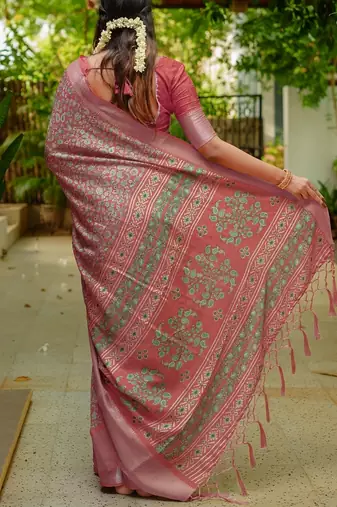 coral floral printed cotton silk saree with unstitched blouse piece