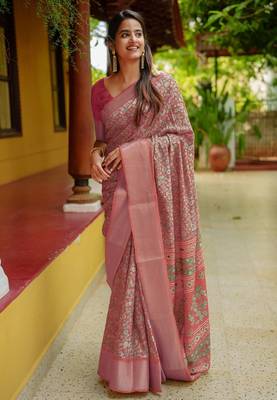 coral floral printed cotton silk saree with unstitched blouse piece 4