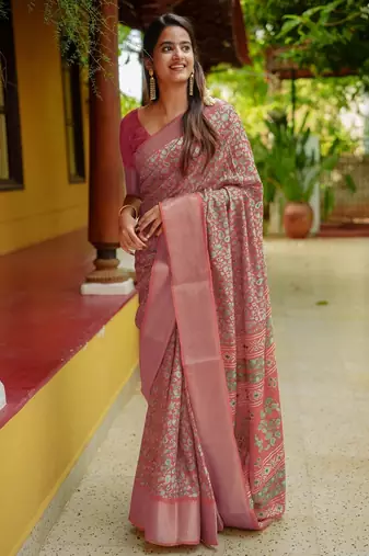 coral floral printed cotton silk saree with unstitched blouse piece