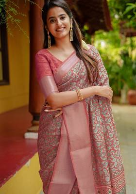 coral floral printed cotton silk saree with unstitched blouse piece 5