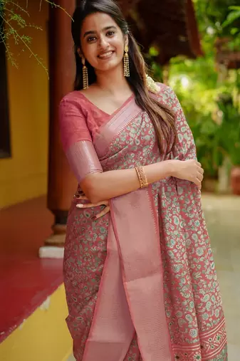 coral floral printed cotton silk saree with unstitched blouse piece