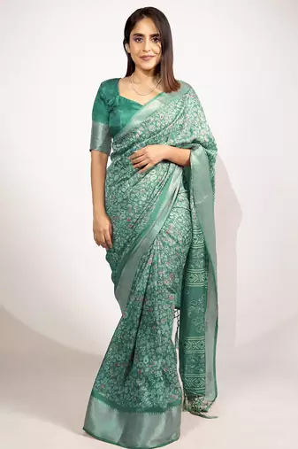 green floral printed cotton silk saree with unstitched blouse piece