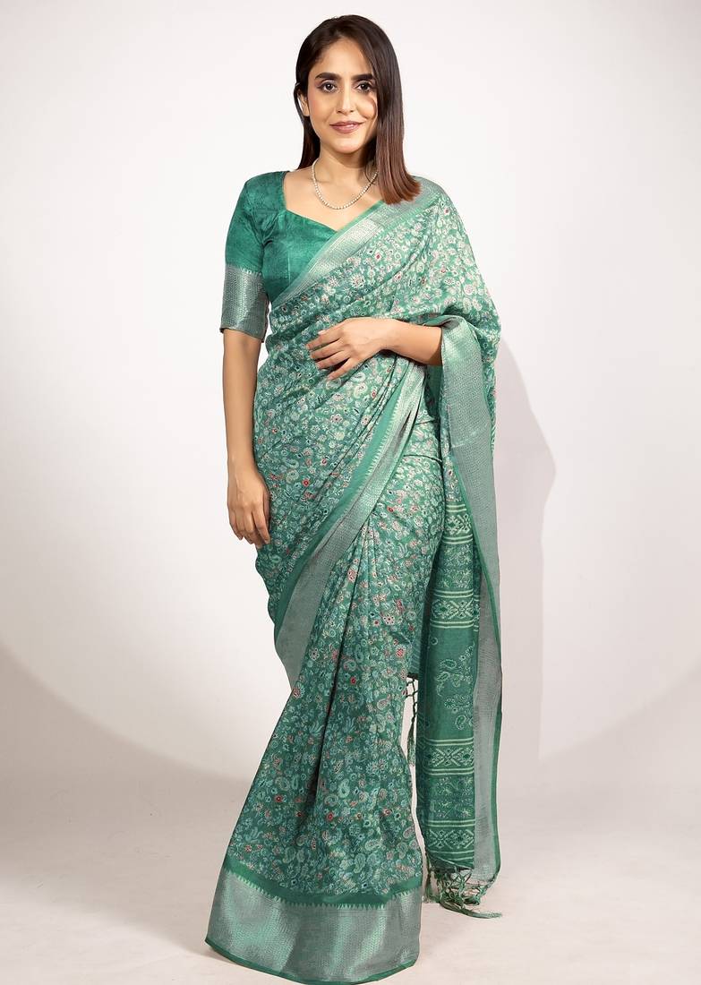green floral printed cotton silk saree with unstitched blouse piece