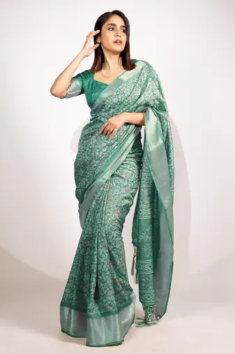green floral printed cotton silk saree with unstitched blouse piece