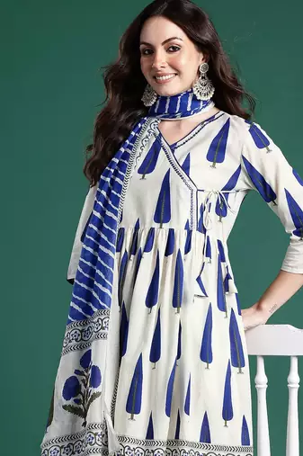Ethnic Motifs Printed Angrakha Cotton Kurta with Trousers & Dupatta