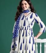 Ethnic Motifs Printed Angrakha Cotton Kurta with Trousers & Dupatta