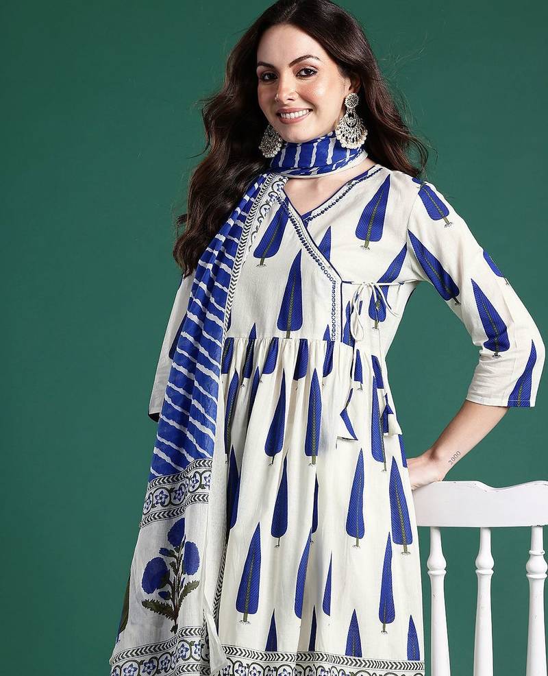 Ethnic Motifs Printed Angrakha Cotton Kurta with Trousers & Dupatta