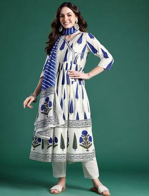 Ethnic Motifs Printed Angrakha Cotton Kurta with Trousers & Dupatta 5