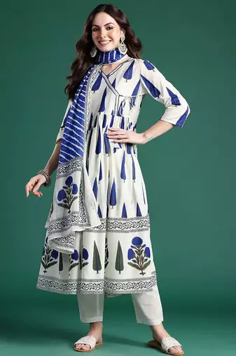 Ethnic Motifs Printed Angrakha Cotton Kurta with Trousers & Dupatta