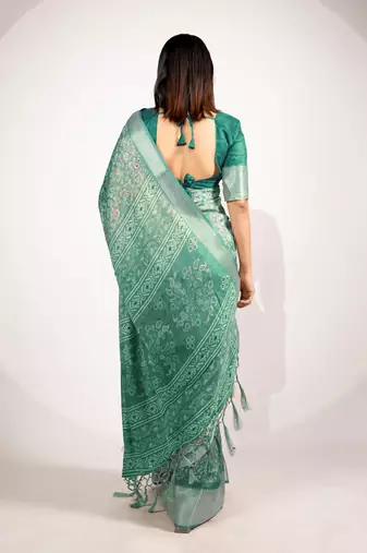 green floral printed cotton silk saree with unstitched blouse piece