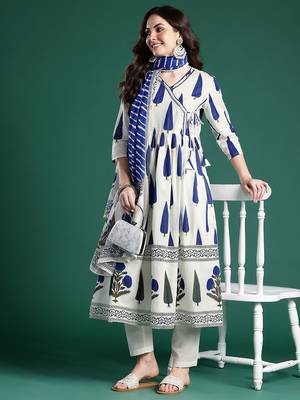 Ethnic Motifs Printed Angrakha Cotton Kurta with Trousers & Dupatta 8