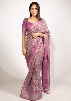 magenta floral printed cotton silk saree with unstitched blouse piece 1