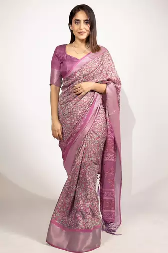magenta floral printed cotton silk saree with unstitched blouse piece