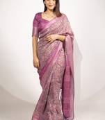 magenta floral printed cotton silk saree with unstitched blouse piece