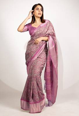 magenta floral printed cotton silk saree with unstitched blouse piece 2