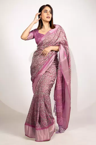 magenta floral printed cotton silk saree with unstitched blouse piece