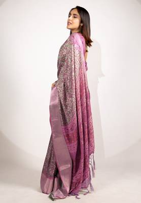 magenta floral printed cotton silk saree with unstitched blouse piece 3