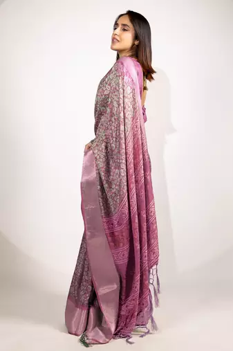magenta floral printed cotton silk saree with unstitched blouse piece