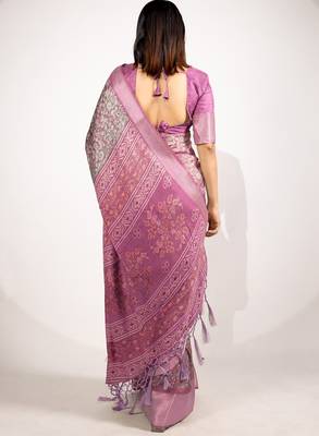 magenta floral printed cotton silk saree with unstitched blouse piece 4