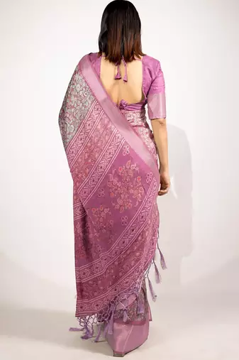 magenta floral printed cotton silk saree with unstitched blouse piece