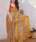orange floral printed chiffon saree with unstitched blouse piece
