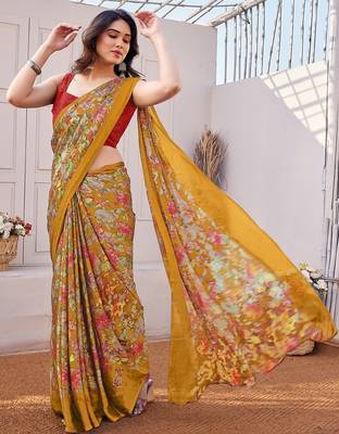 orange floral printed chiffon saree with unstitched blouse piece 2