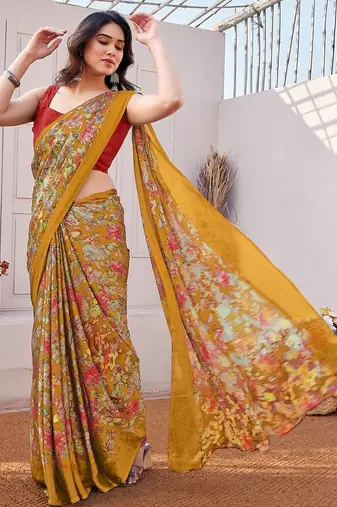 orange floral printed chiffon saree with unstitched blouse piece