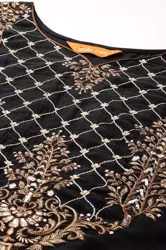 Ethnic Motifs Embroidered Zari Liva Kurta with Trousers & With Dupatta