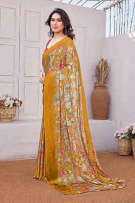 orange floral printed chiffon saree with unstitched blouse piece 3
