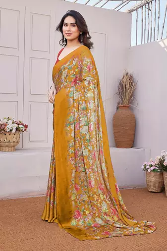 orange floral printed chiffon saree with unstitched blouse piece