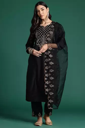 Ethnic Motifs Embroidered Zari Liva Kurta with Trousers & With Dupatta
