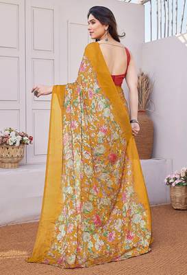 orange floral printed chiffon saree with unstitched blouse piece 4