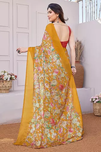 orange floral printed chiffon saree with unstitched blouse piece