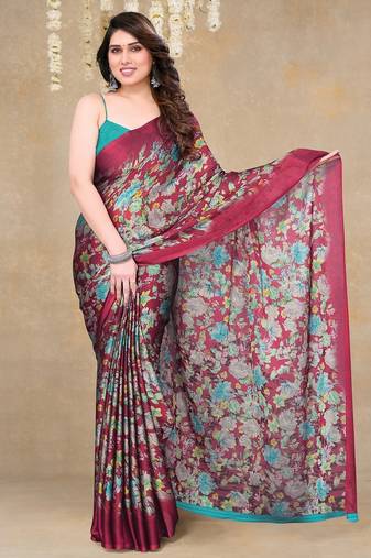 red floral printed chiffon saree with unstitched blouse piece